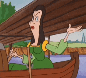 a woman in a green dress is rowing a boat with her arms outstretched
