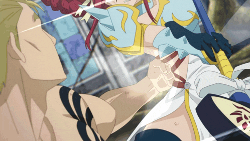 a man and a woman are fighting with a sword