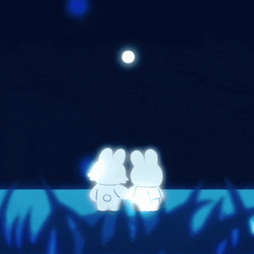 two rabbits are holding hands and looking at a full moon