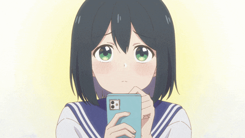 a girl in a sailor suit is holding a cell phone with the number 8 on it