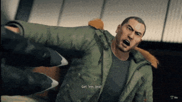 a man in a green jacket says get ' em bro in a video game