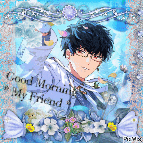 a picture of a man with the words good morning my friend on it