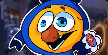 a cartoon character with blue eyes and a sticker that says m