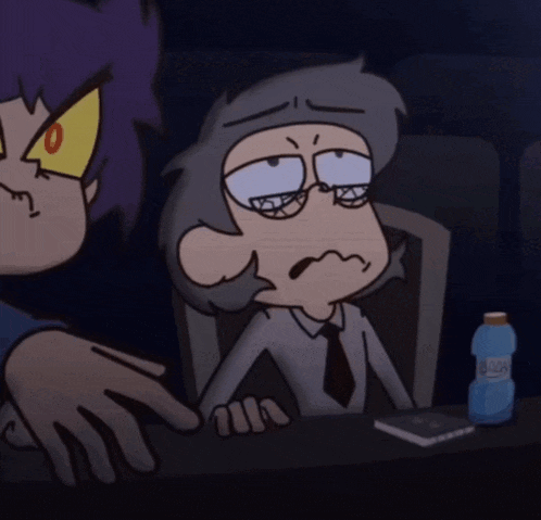 a cartoon of a man sitting at a table with a bottle of aqua next to him