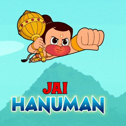 a cartoon of jai hanuman flying through the air with a mountain in the background