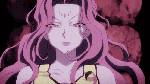 a woman with pink hair and red eyes is looking at the camera