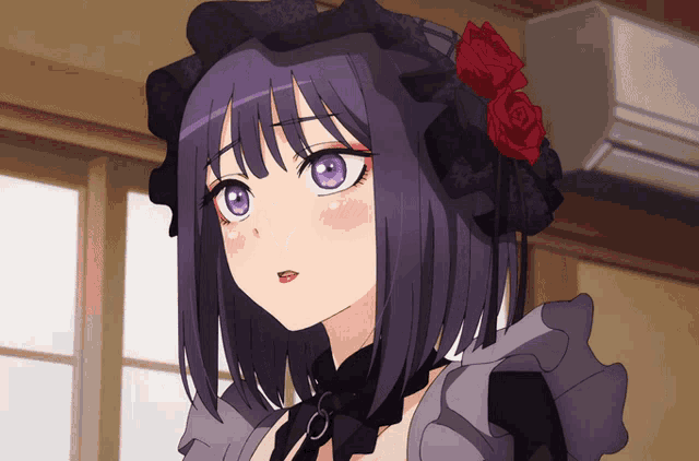 a girl with purple hair wearing a black hat with red roses on it