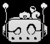 a black and white pixel art drawing of a robot with headphones .