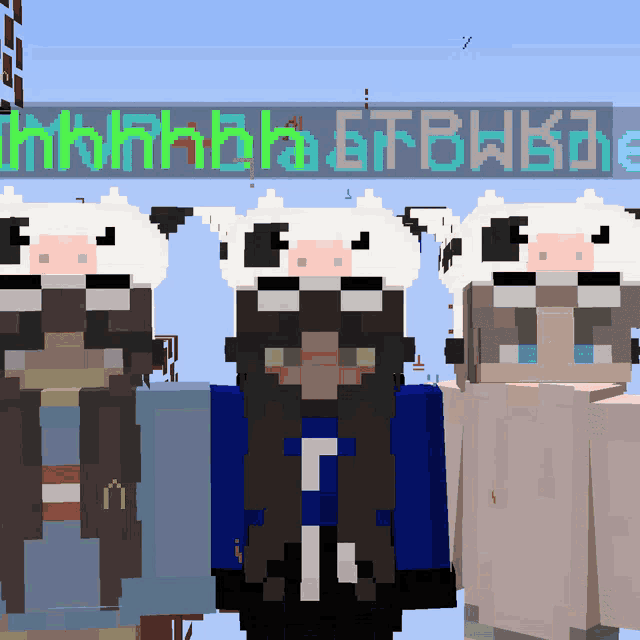a group of girls wearing cow hats are standing in front of a sign that says ' minecraft '