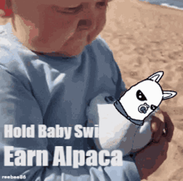 a child is holding a baby alpaca with the words hold baby swi earn alpaca below it