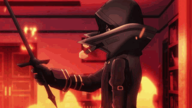 a person in a hooded jacket holding a sword