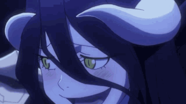 a close up of a anime character with horns on her head