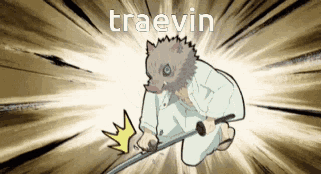 a cartoon character with a sword and the name traevin