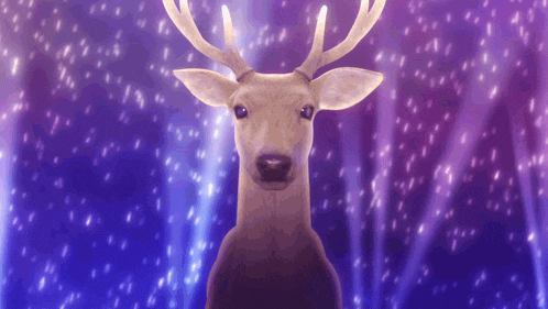 a deer stands in front of a purple background