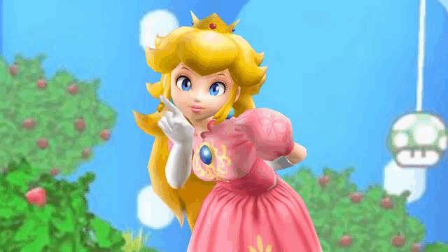 princess peach is wearing a pink dress with a flower on the chest