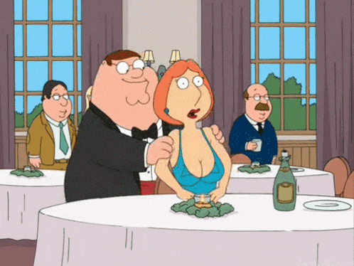 a cartoon of peter griffin and lois griffin standing next to each other in a restaurant .