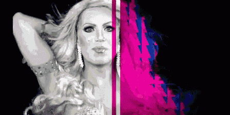 a black and white photo of a drag queen with a pink background