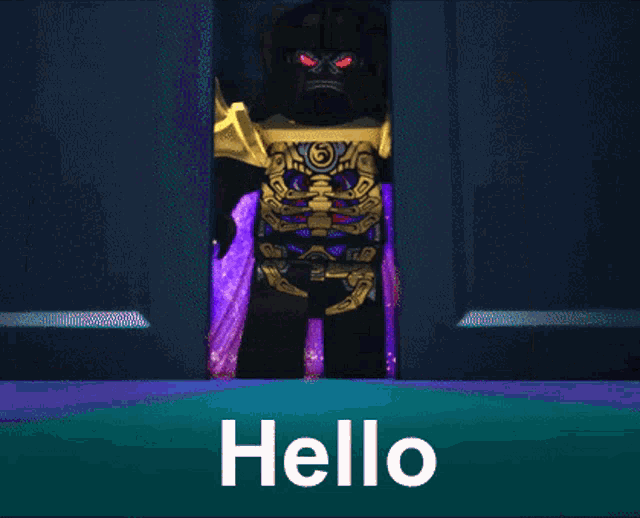 a lego character with a purple cape and the words hello below him