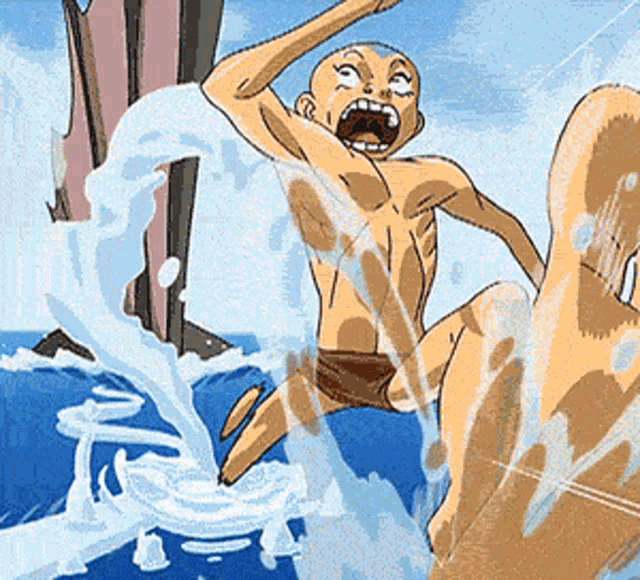 a cartoon of a man in a bathing suit screaming in the water