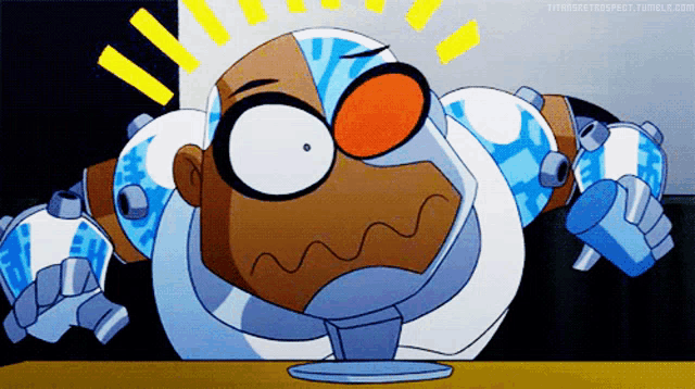 a cartoon character named cyborg is sitting at a table