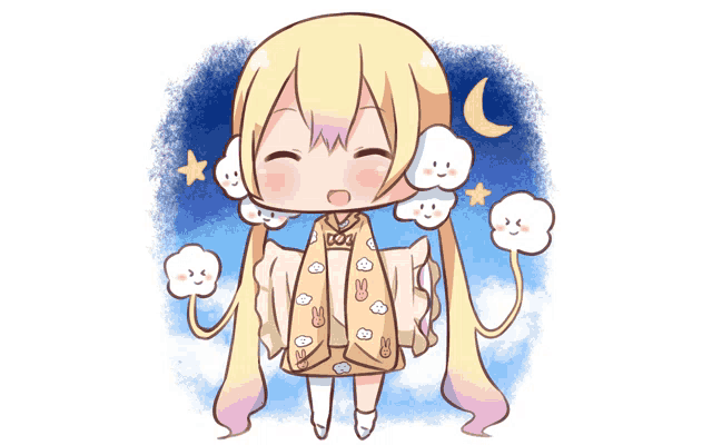 a cartoon drawing of a girl with bunny ears and a crescent moon in the background