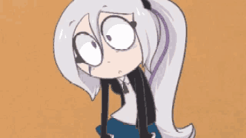 a cartoon girl with white hair and a ponytail is wearing a black jacket and a blue skirt .