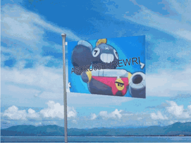 a flag with a picture of a robot and the words asdku83eurewri on it