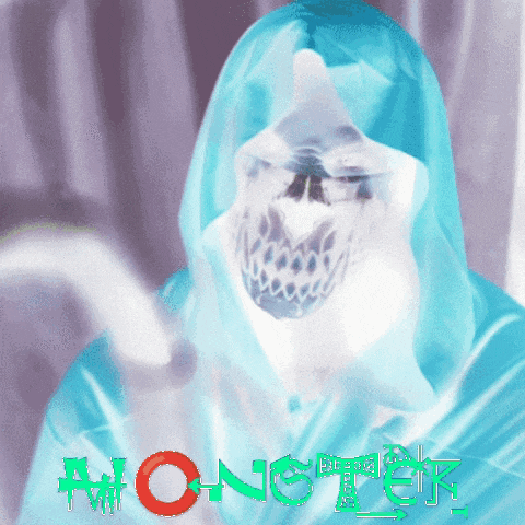 a drawing of a ghost with the word monster written in red