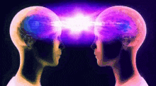 two heads are looking at each other with a purple light coming out of their brains .