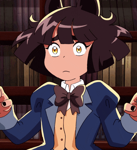 a cartoon character with a bow tie stands in front of a book shelf