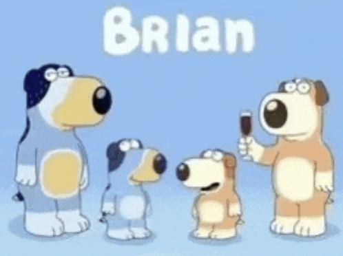 a group of cartoon dogs standing next to each other with the name brian written above them
