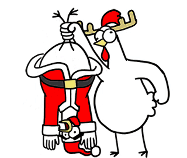 a chicken with antlers is standing next to a pile of candy and gifts .