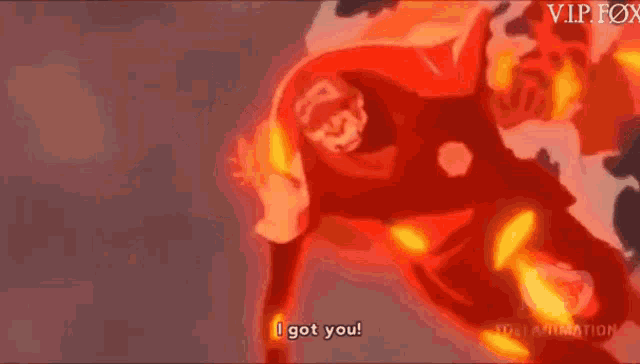 a cartoon character says i got you in front of a flame