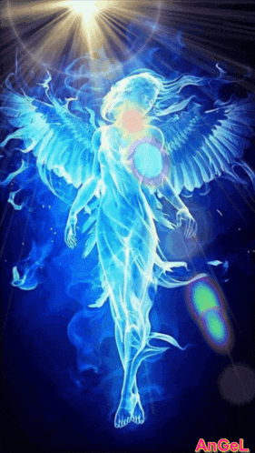 a painting of a blue angel with the word angel on the bottom