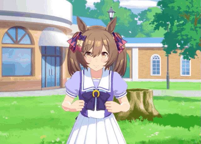 a girl in a purple and white dress with a horse on her head