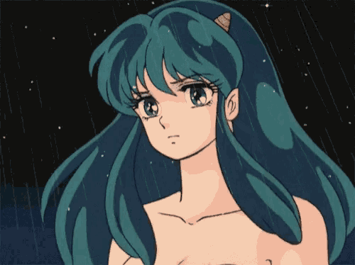 a naked anime girl with blue hair and horns on her head