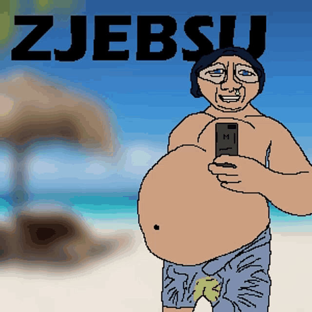 a pixel art drawing of a man taking a picture of himself on the beach with the words zjebsu above him