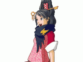 a pixel art of a girl with a key in her hair and a scarf around her neck