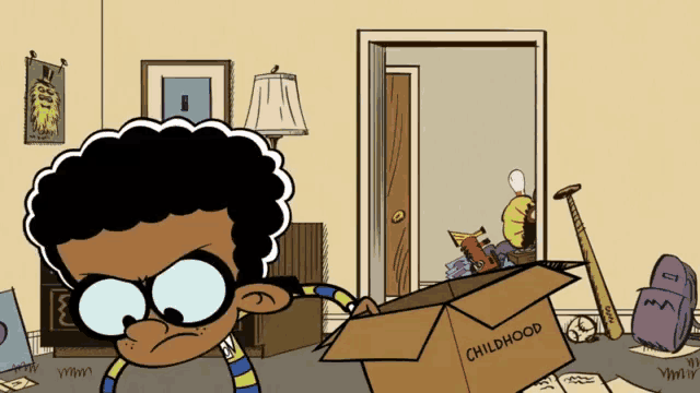 a cartoon character is holding a cardboard box with the word childhood on it
