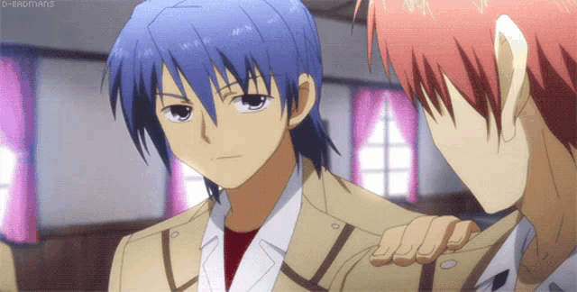 a boy with blue hair is standing next to a red haired boy