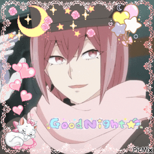 a picture of a girl with pink hair and the words good night on it