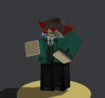 a clown in a green suit and tie is holding two cards in his hand .