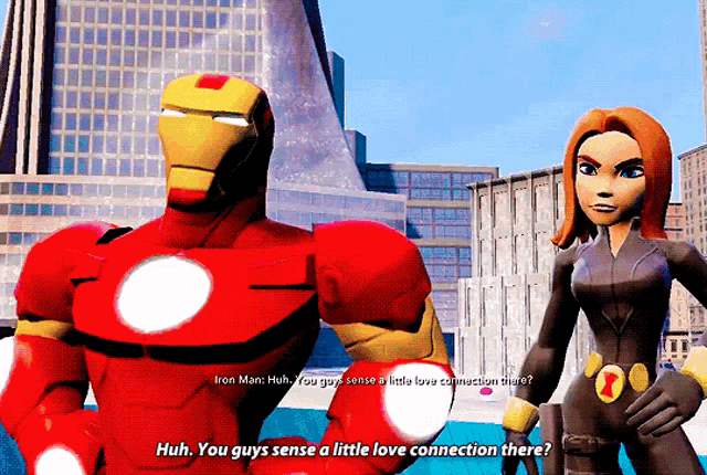 iron man and black widow are standing next to each other and iron man says huh you guys sense a little love connection there