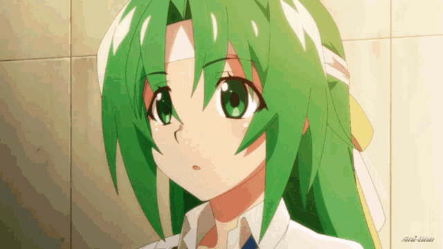 a girl with green hair and a bandage on her head looks up