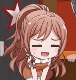 a cartoon girl with long hair and a ponytail is smiling and making a funny face .