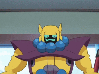 a cartoon character with a purple and yellow costume and a blue face