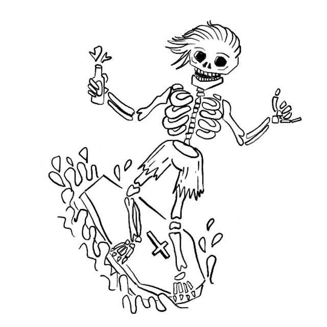 a black and white drawing of a skeleton riding a skateboard