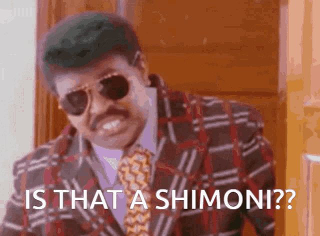 a man wearing sunglasses and a suit is asking is that a shimoni