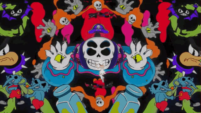 a cartoon of a skull wearing headphones is surrounded by other characters