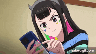 a girl with horns is looking at her phone .